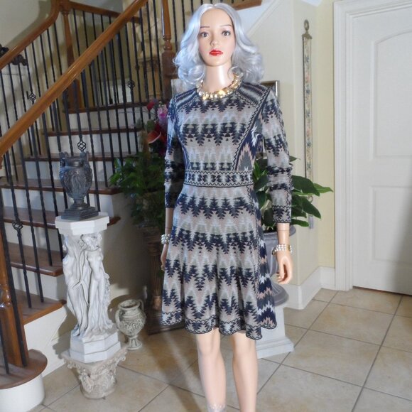 M Missoni Black-Pink Multi Zig-Zag Print Fit & Flare Long Sleeves Dress Size 4 - Picture 3 of 16